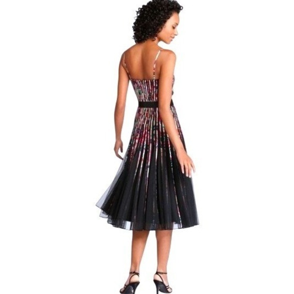 EUC JS Collections Floral Pleated Belt Midi Dress Spaghetti Strap Satin Size 10 - Picture 3 of 15